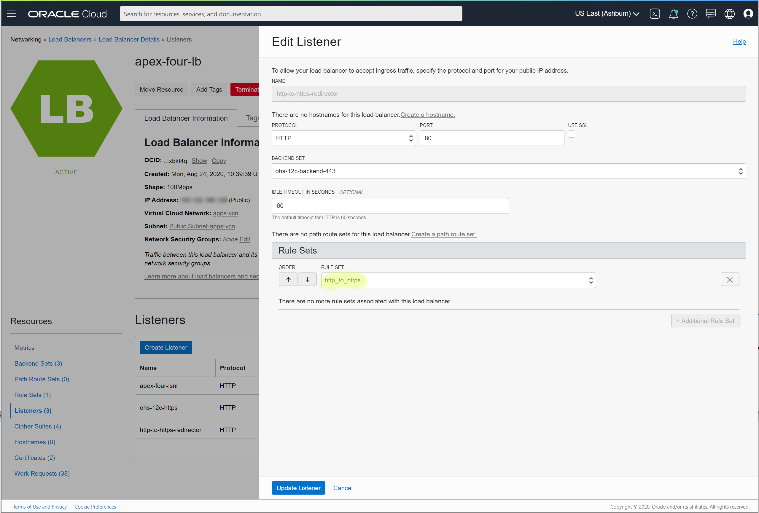 Edit Listener window allows you to update listener configuration and attach rules for routing and request handling