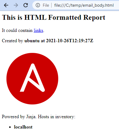 Image depicts HTML document generated by Ansible playbook. It contains header, links and embeded Ansible logo.