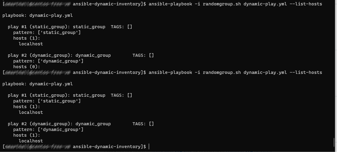 Screenshot demostrates ansible=playbook --list-hosts execution results. Te first try has hosts only in the static group, the second try shows hosts in all groups.